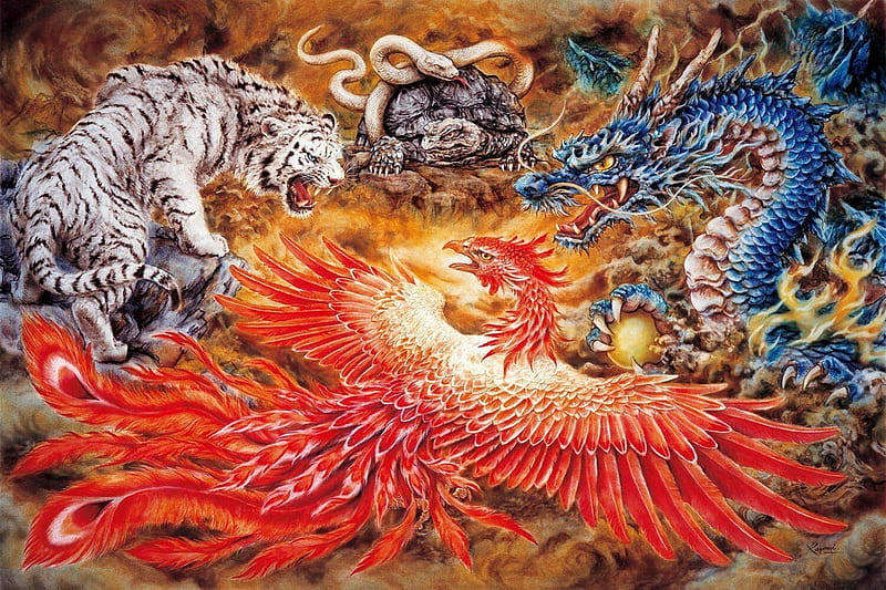 The Phoenix, tiger, dragon, firebird, art, painting, snake, HD wallpaper |  Peakpx