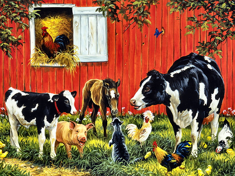 Old MacDonald's Farm F, architecture, colt, equine, foal, bonito, artwork, farm, painting, wide screen, chickens, scenery, cows, rooster, art, pets, horses, pigs, cats, HD wallpaper