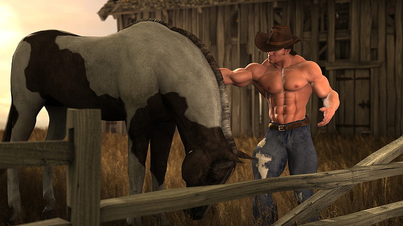 Cowboy at barn (13), muscle, hunk, Cowboy, horse, barn, HD wallpaper