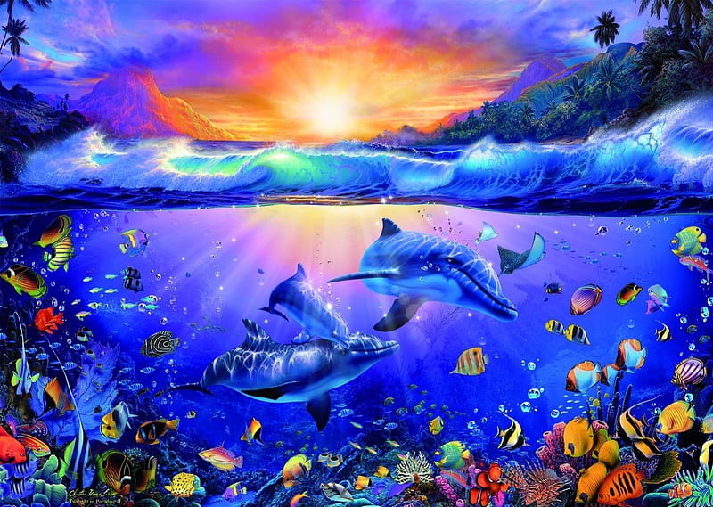 Mundo acuático, sol, delfines, peces, cielo, obras de arte, Fondo de  pantalla HD | Peakpx