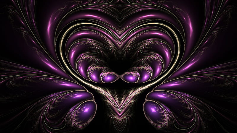 Fractal heart, purple, luminos, fractal, heart, black, valentine, abstract, HD wallpaper