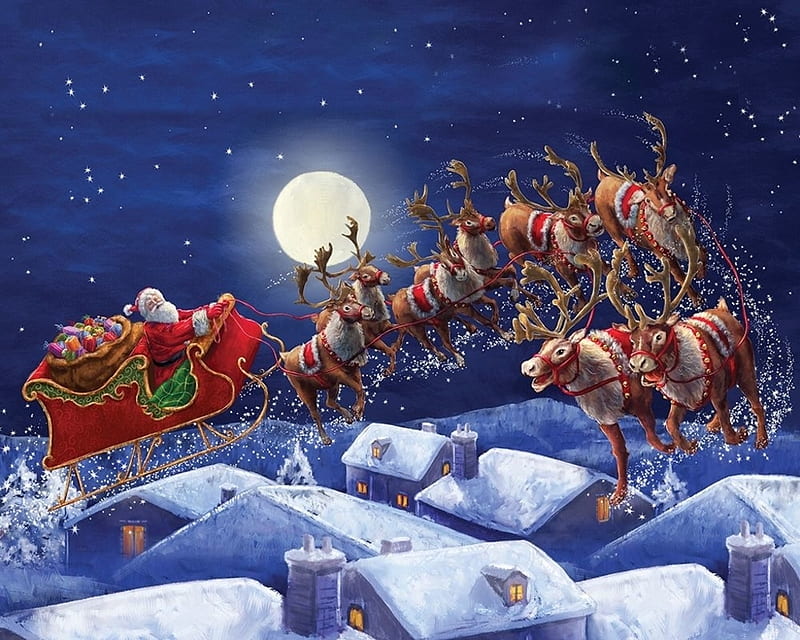 Santa, art, marcello corti, moon, christmas, craciun, painting, reindeer, pictura, HD wallpaper