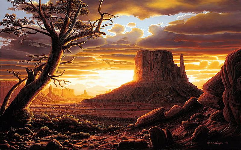 Southwest Sun, sun, desert, sunset, canyons, clouds, sky, tree, painting, landscape, HD wallpaper