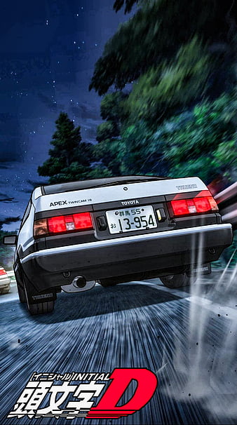 Anime image of initial d , takumi fujiwara is the pilot , toyota ae86 is  the car while drift a curve and tokyo is the background in the night
