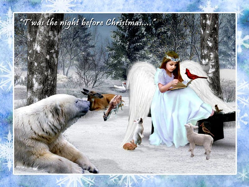 ANGELS CHRISTMAS, forest, ar, christmas, snow, angel, polar bear, animals, winter, HD wallpaper