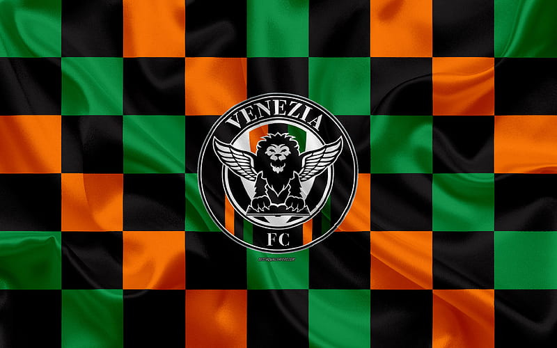 Venezia FC logo, creative art, orange green black checkered flag, Italian football club, Serie B, emblem, silk texture, Venice, Italy, football, HD wallpaper