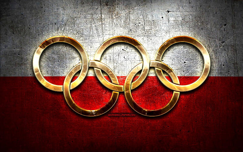 Polish olympic team, golden olympic rings, Poland at the Olympics, creative, Polish flag, metal background, Poland Olympic Team, flag of Poland, HD wallpaper