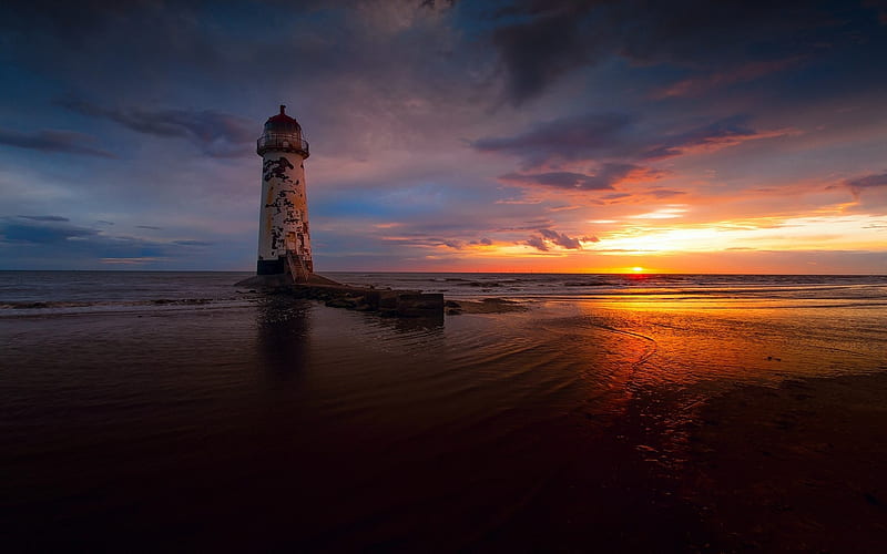 Beach Lighthouse At Sunset, HD wallpaper