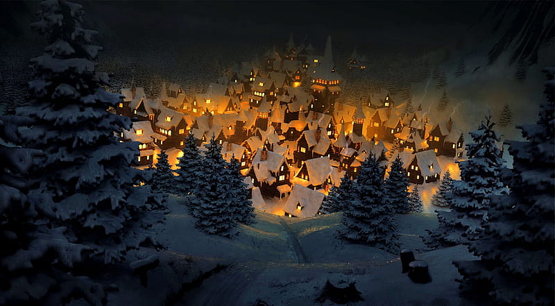 Snowy village, snow, winter, art, village, evening, night, HD wallpaper