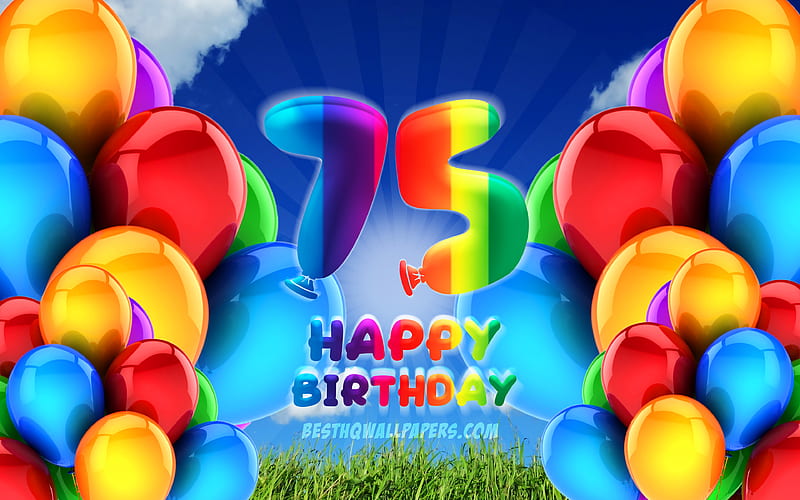 Happy 75 Years Birtay, cloudy sky background, Birtay Party, colorful ballons, Happy 75th birtay, artwork, 75th Birtay, Birtay concept, 75th Birtay Party, HD wallpaper