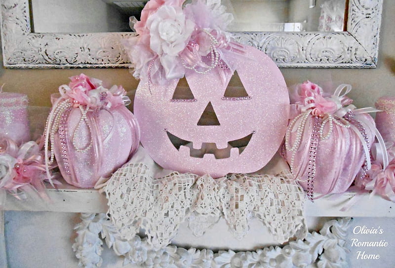 Happy Halloween!, halloween, decoration, pumpkin, shabby chic, white, pink, HD wallpaper