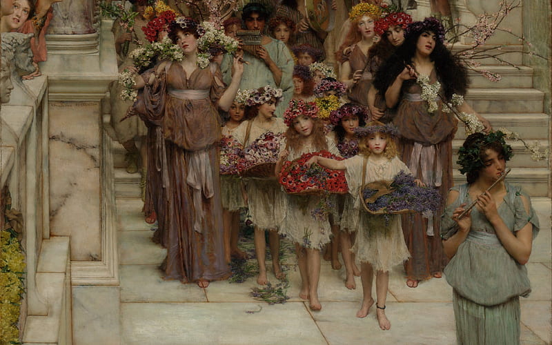 Procession, art, girl, painting, lawrence alma tadema, flower, pictura, woman, HD wallpaper