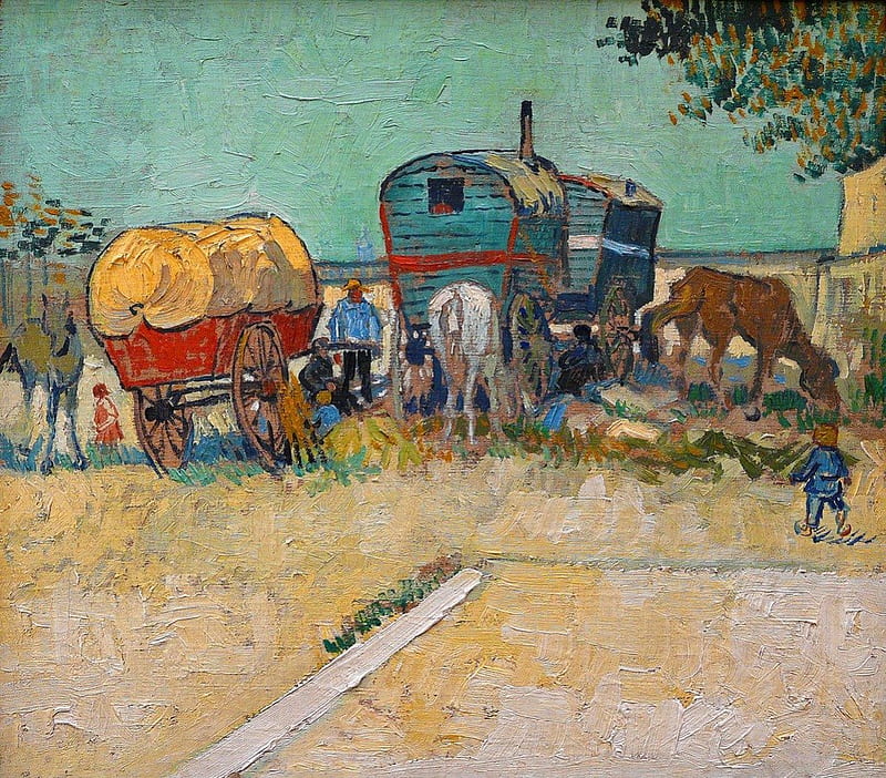 Vincent Van Gogh ~ The Caravans Gipsy Camp near Arles, artist, art, horse, abstract, impressionist, painting, summer, vincent van gogh, the caravans gipsy camp near arles, HD wallpaper