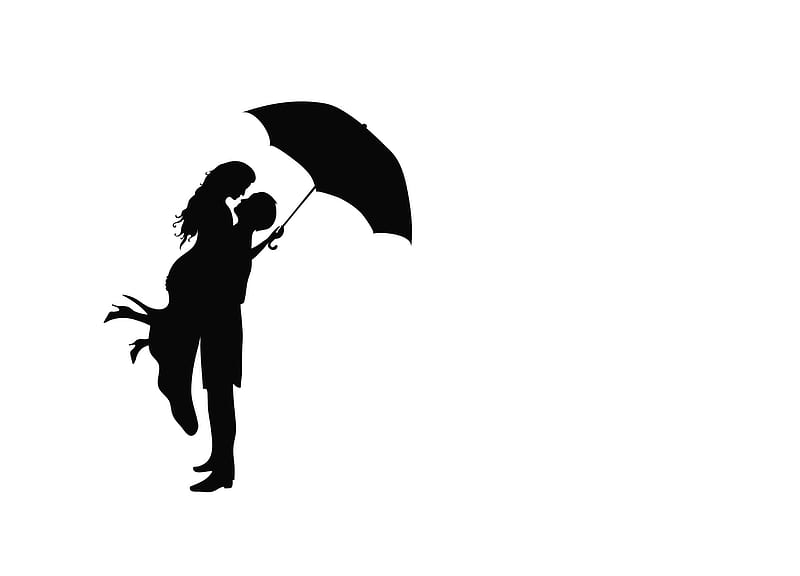 Lovers, black, umbrella, man, valentine, silhouette, card, girl, white, couple, HD wallpaper