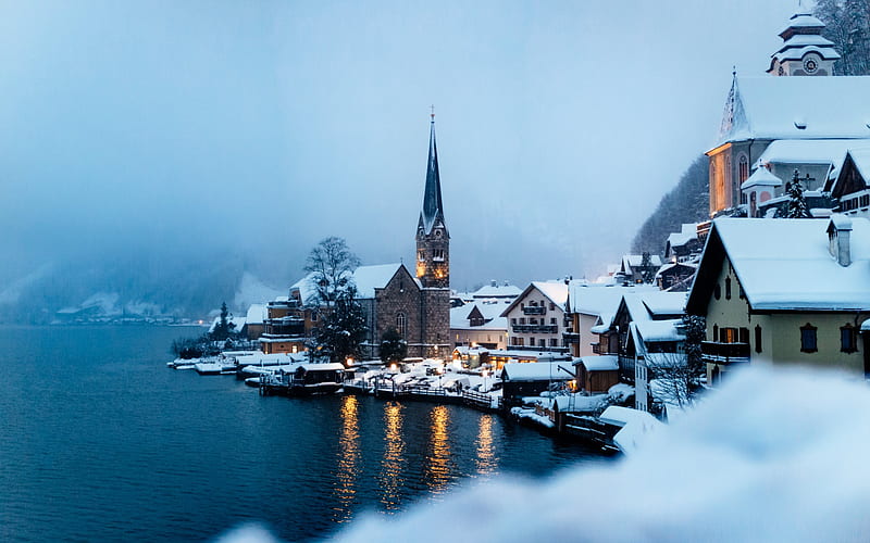 Hallstatt Lake, winter, evening, snow, mountain landscape, winter lake, Hallstatt, Austria, HD wallpaper