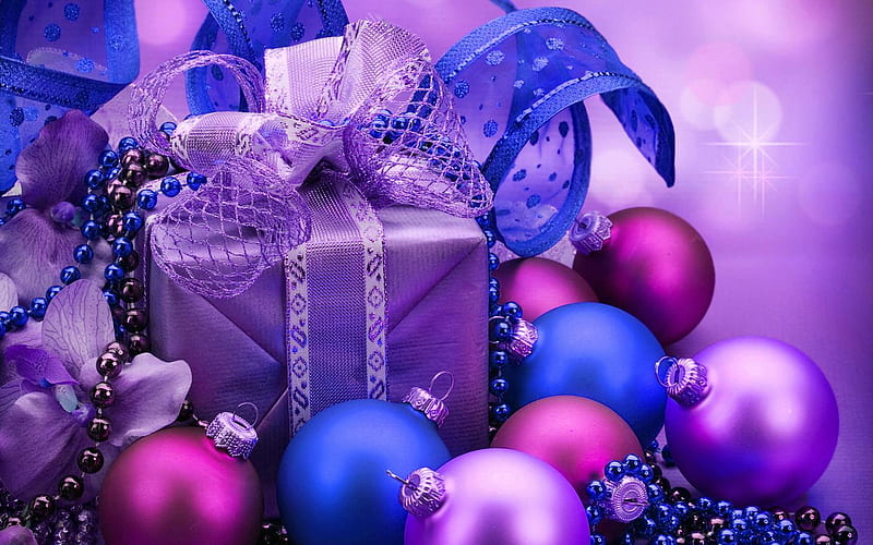 Christmas, purple xmas balls, Happy New Year, gifts, christmas decorations, xmas, HD wallpaper