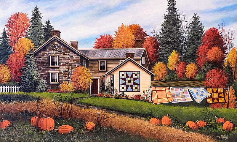 Autumn Home, pumpkins, Fall, colorful, seasonal, autumn, quilts, House, trees, HD wallpaper