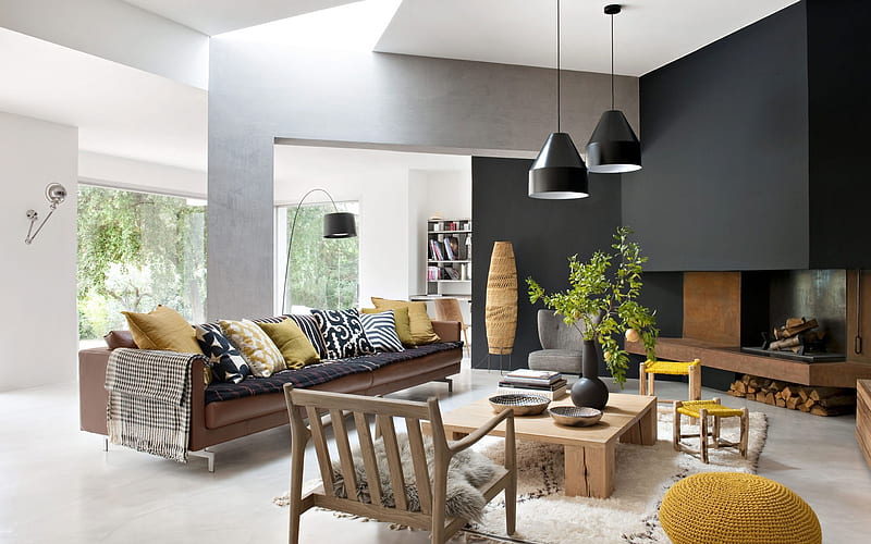 stylish living room interior, loft style, white gray living room, modern interior design, HD wallpaper