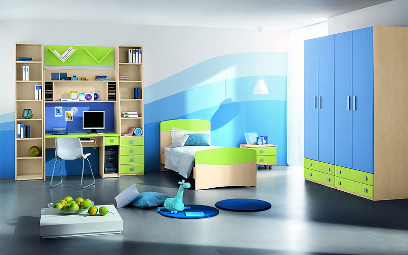 modern blue green interior of the childrens room, stylish design, interior room for teenager, HD wallpaper