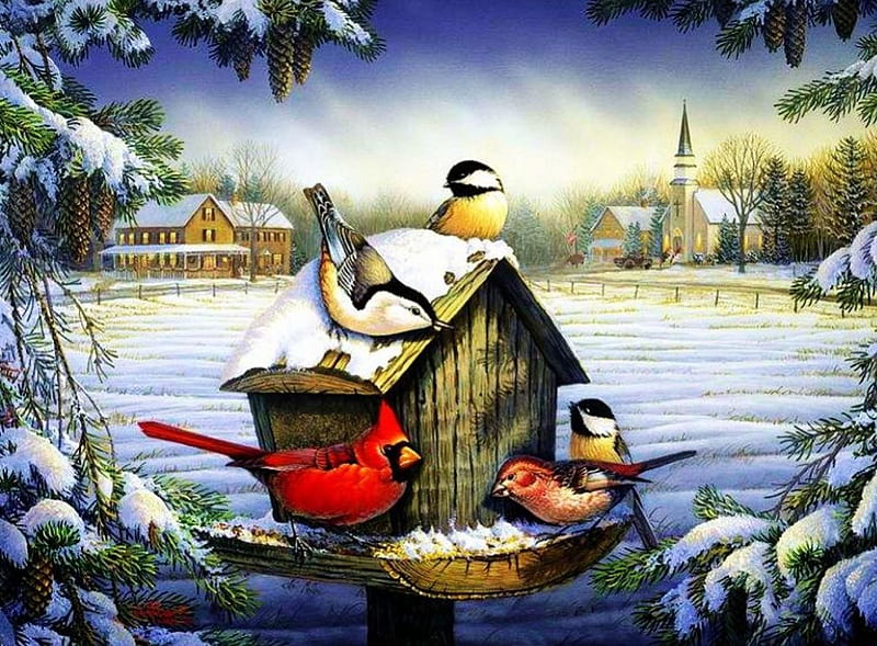 Bird's Restaurant, snow, painting, village, winter, landscape, cardinal, HD wallpaper