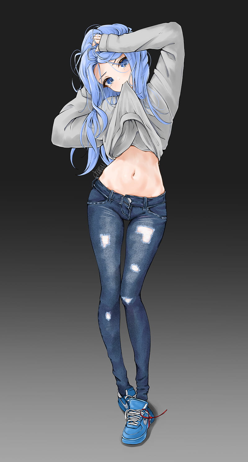 anime, anime girls, digital art, artwork, 2D, portrait display, vertical, Chaesu, blue hair, blue eyes, lifting shirt, belly, jeans, sneakers, bare midriff, gradient, simple background, looking at viewer, standing, legs, legs together, arms up, long hair, navels, shoes, blue shoes, women, no socks, HD phone wallpaper