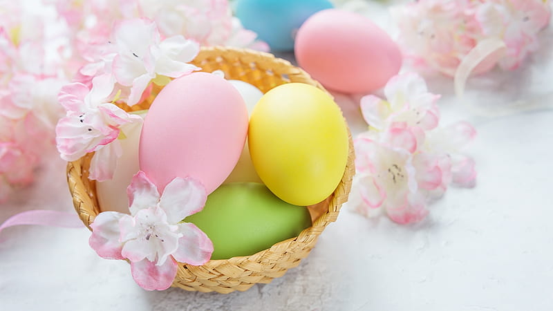 Easter Greetings, blossoms, colors, eggs, basket, HD wallpaper
