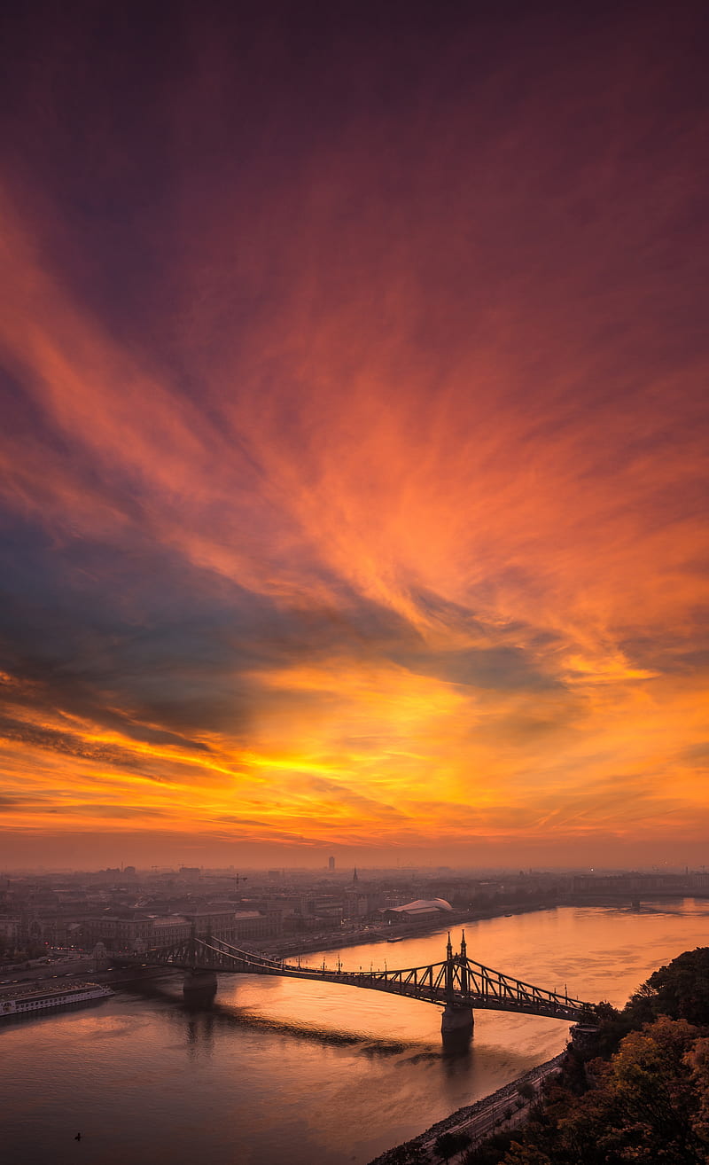 landscape, cityscape, city, clouds, Sun, bridge, river, sky, sunset, Budapest, Hungary, HD phone wallpaper