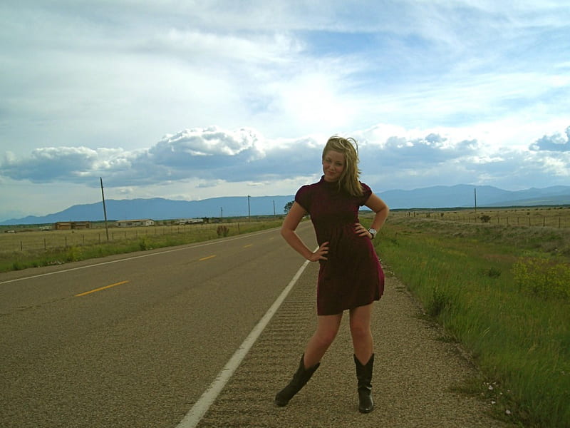 Roadside Cowgirl, dress, boots, road, cowgirl, HD wallpaper
