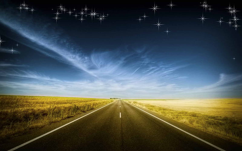 Beyond The Horizon, starry, fields sky sparkle, road, journey, HD wallpaper