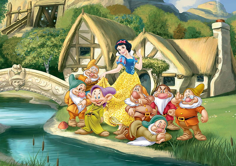 Snow White and the Seven Dwarfs, snow white, fantasy, girl, gnome, dwarf, princess, disney, HD wallpaper