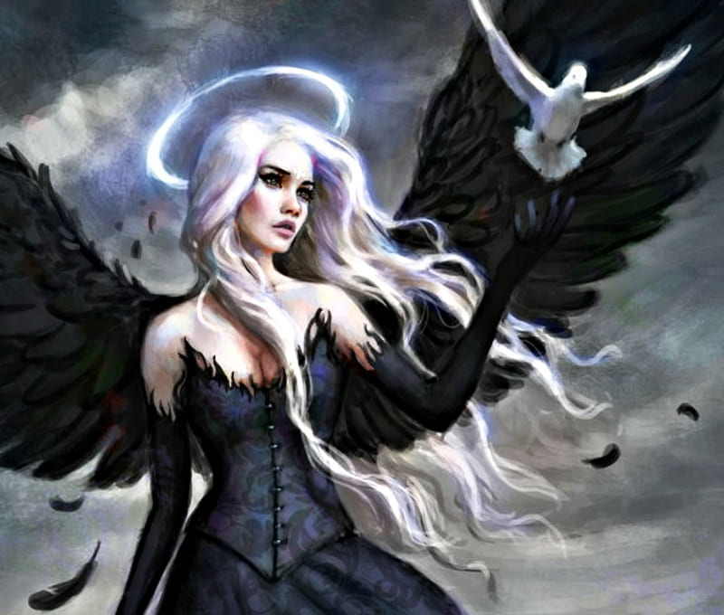 Angel, art, wings, black, woman, selenada, fantasy, girl, bird, feather, dove, white, HD wallpaper
