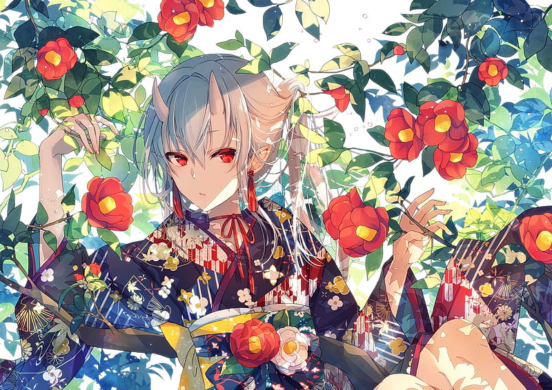 kimono, horns, elf ears, anime girl, red eyes, traditional clothes, Anime, HD wallpaper