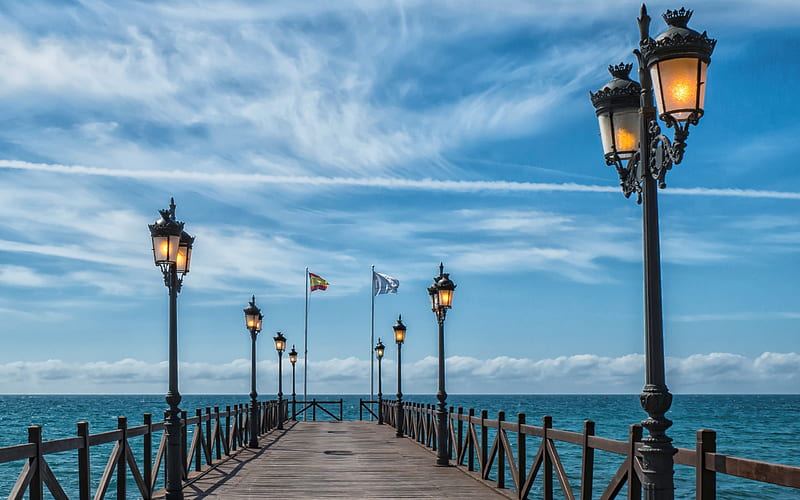 Pier in Marbella, Spain, sky, sea, lights, pier, HD wallpaper