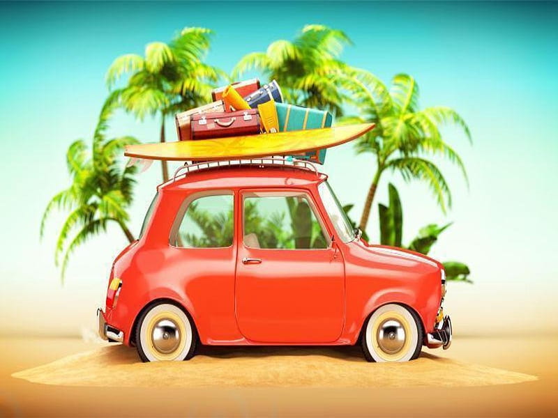 Holiday vacation, Palm trees, Sand, Car, Summer, Suitcase, beach, Surf board, HD wallpaper