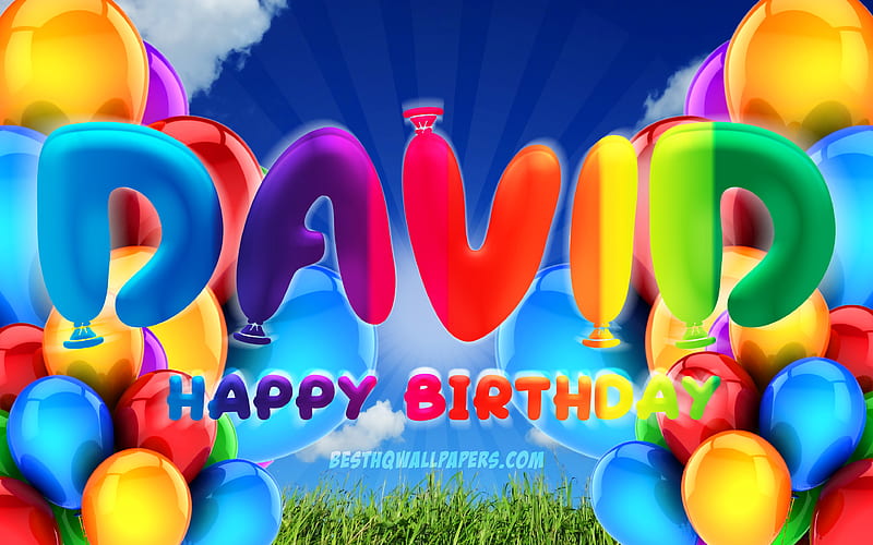 David Happy Birtay cloudy sky background, popular german male names, Birtay Party, colorful ballons, David name, Happy Birtay David, Birtay concept, David Birtay, David, HD wallpaper