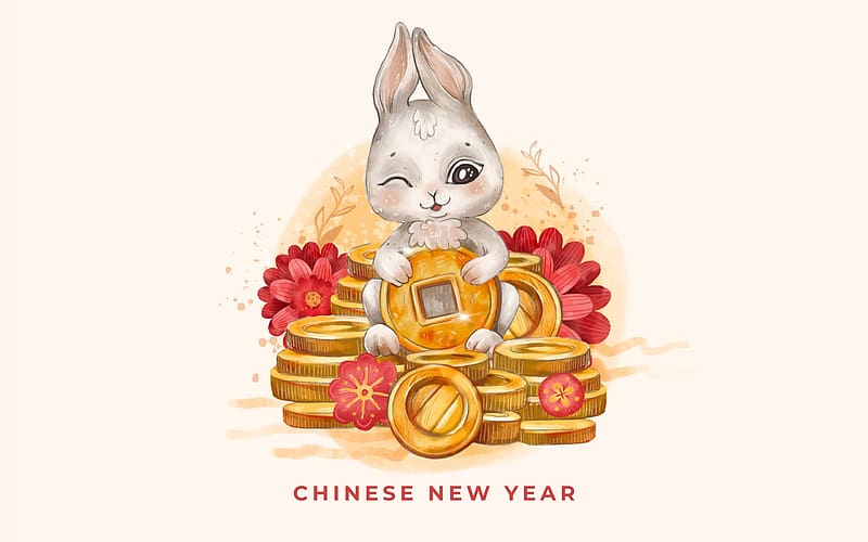 Year of the Rabbit, bunny, coin, golden, red, card, chinese zodiac, new year, 2023, HD wallpaper