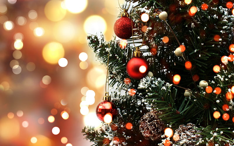 Christmas tree, decorations, New Year, red Christmas balls, HD wallpaper