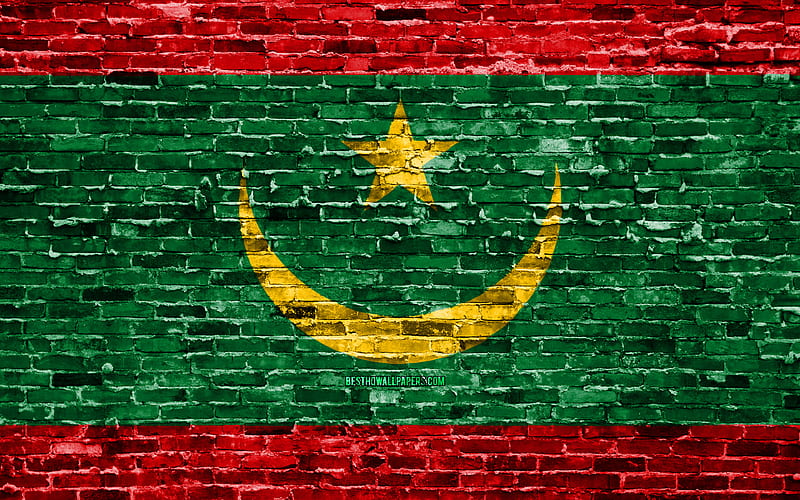 Mauritanian flag, bricks texture, Africa, national symbols, Flag of Mauritania, brickwall, Mauritania 3D flag, African countries, Mauritania, HD wallpaper