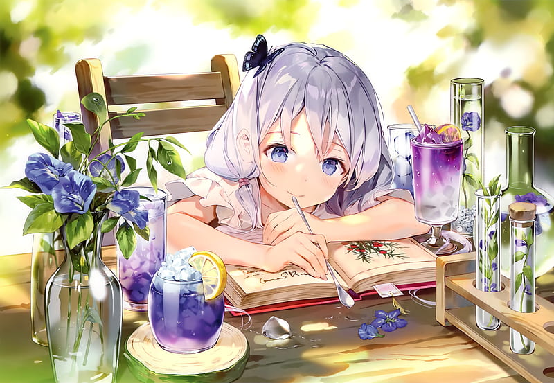 anime girl, loli, lazy, resting, spoon, book, gray hair, Anime, HD wallpaper