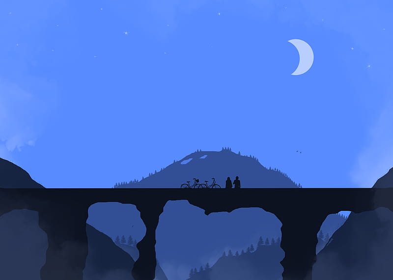 Date on a bridge, Mountain, bridge, Moon, Night, Romantic, HD wallpaper