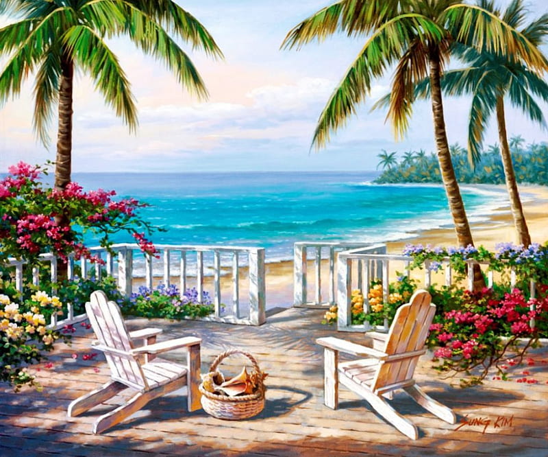 Coastal view, veranda, beach, painting, artwork, sea, armchairs, palms, HD wallpaper