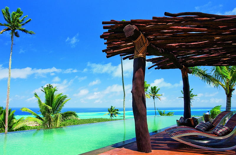Dream Pool Fijian Island Polynesia, polynesia, resort, palm, sea, lagoon, swimming, south pacific, exotic, islands, view, holiday, ocean, trees, pool, infinity, paradise, island, tropical, fiji, HD wallpaper