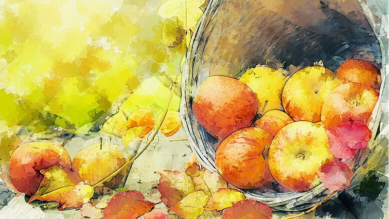 Apple Harvest, fall, autumn, apples, fruit, leaves, basket, painting, nature, Firefox Persona theme, HD wallpaper