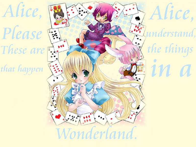 Alice In Wonderland, colorful, queen of hearts, pink rabbit, fantasy, cards, anime, mushrooms, classic, cheshire cat, HD wallpaper