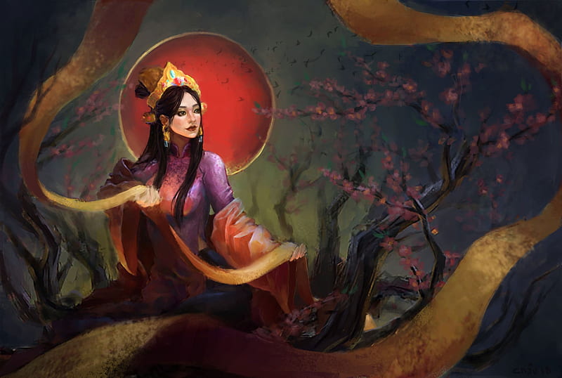 Spring goddess, chau nguy n th hoai, umbrella, spring, parasol, red, art, frumusete, luminos, goddess, fantasy, girl, asian, HD wallpaper