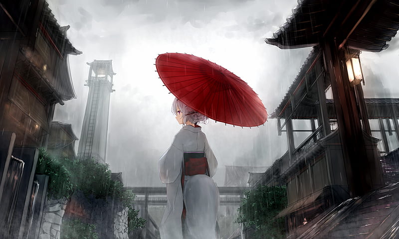 Anime, Girl, Kimono, Umbrella, White Hair, HD wallpaper