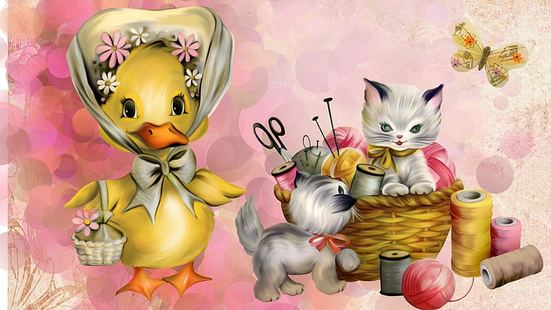 The Sewing Basket, Mothers Day, sweet, duck, butterfly, scissosrs, flowers, duckling, thread, knit, kitty, kittens, spring, cat, cute, sew, Easter, whimsical, basket, HD wallpaper