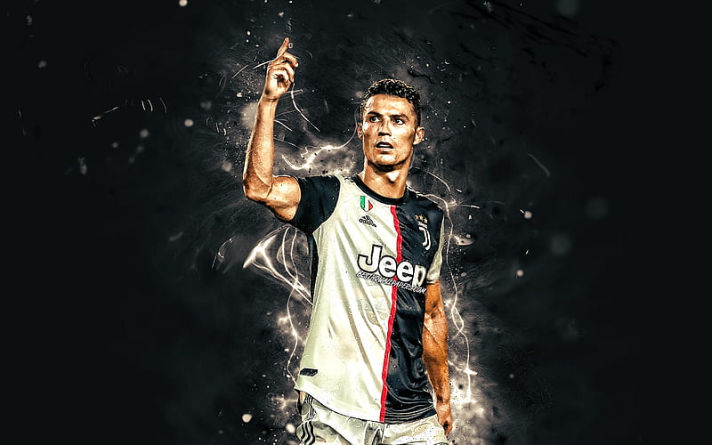Cristiano Ronaldo, 2019, Juventus FC, goal, CR7, new uniform, portuguese footballers, Italy, CR7 Juve, Bianconeri, football stars, Serie A, neon lights, soccer, HD wallpaper