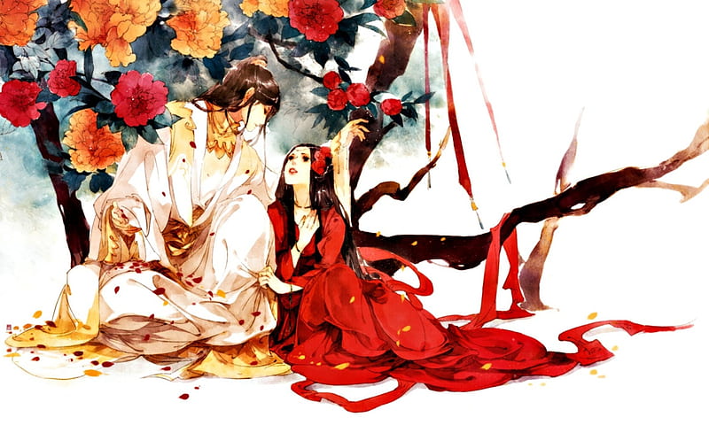 Lovers Red Woman Peony Fantasy Ibuki Satsuki Love Couple Art Japanese Hd Wallpaper