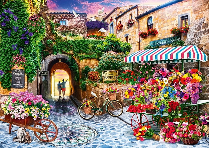 Courtyard Flower Market, bike, courtyard, france, barrow, painting, flowers, HD wallpaper